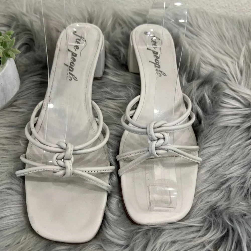 Free People‎ Petra Leather Knot Block Heel Slide Gray-White Sandals Size 9-9.5